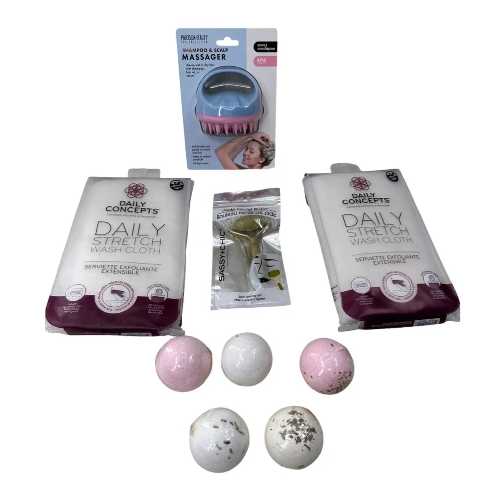 Daily Concepts Spa Gift Set Scalp Massager Jade Roller Stretch Wash Cloths 9pc